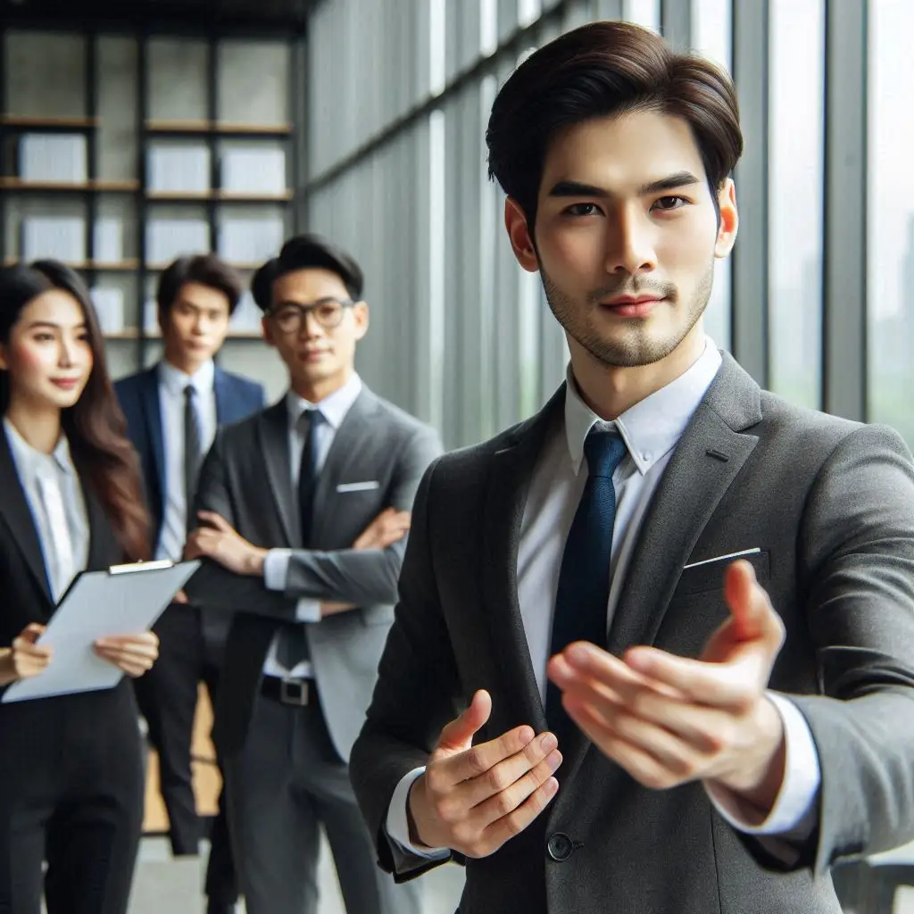 Líder empresarial orientando uma equipe durante um treinamento de liderança, em um ambiente de escritório colaborativo.