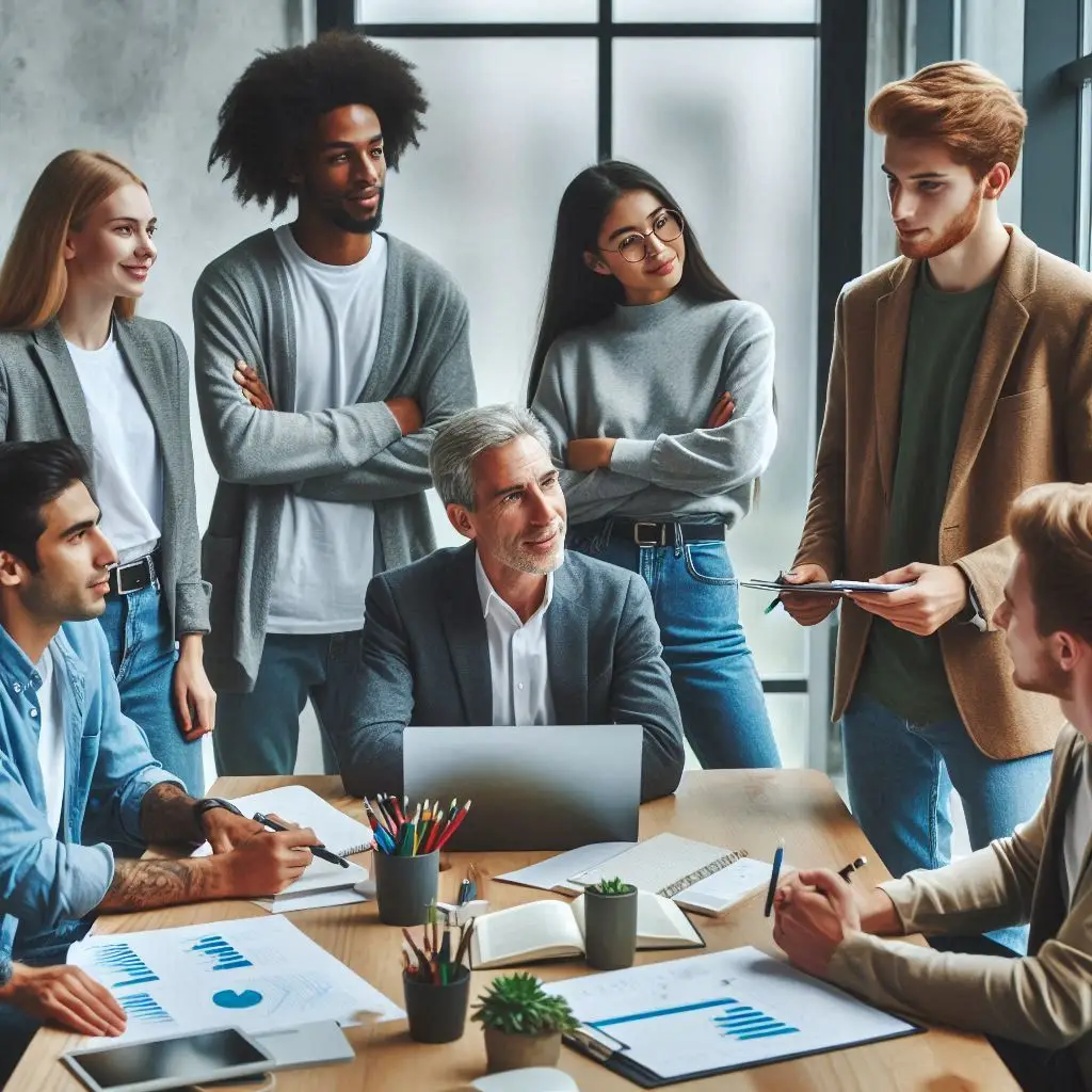 Empreendedores diversos discutindo estratégias em um ambiente de escritório moderno.