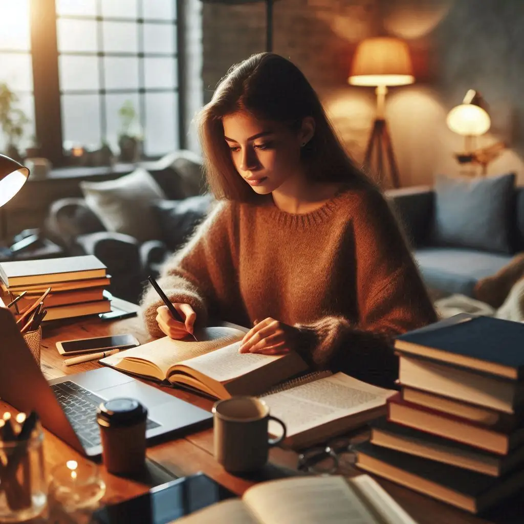 Jovem empreendedora estudando em um ambiente aconchegante, focado no autodesenvolvimento.