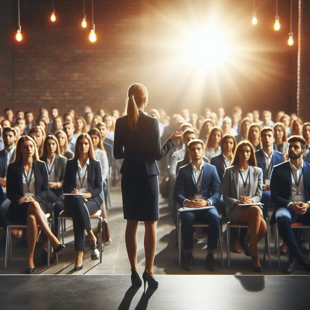 Empreendedora liderando uma apresentação inspiradora para um grande público.