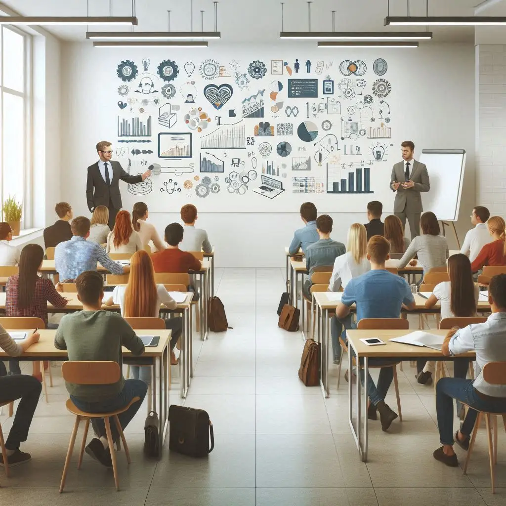  Alunos em uma sala de aula moderna aprendendo conceitos de negócios com um instrutor, em um ambiente educacional focado em empreendedorismo.