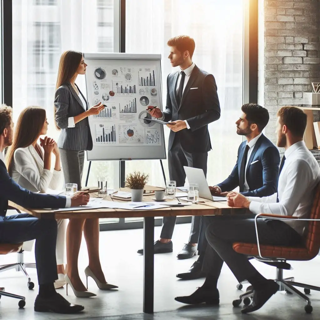 Um grupo diverso de empreendedores discutindo ideias em uma sala de reunião moderna, com um flipchart exibindo diagramas de negócios.